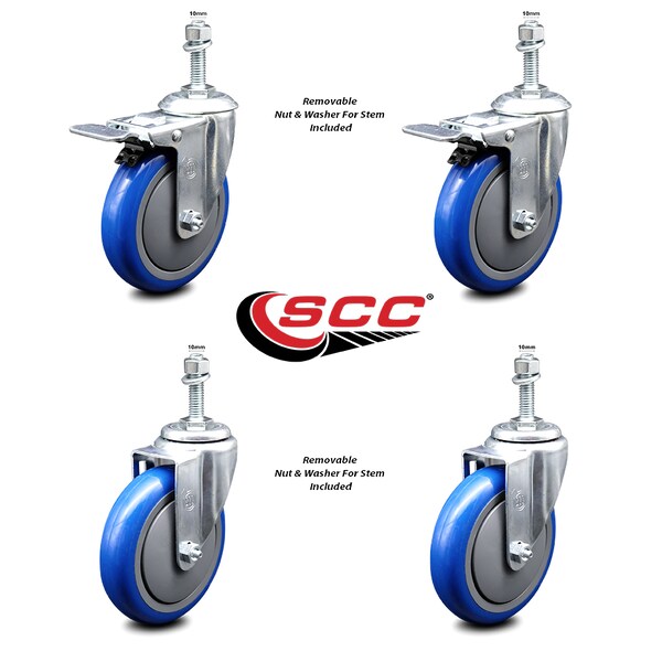 Service Caster 5 Inch Blue Polyurethane Swivel 10mm Stem Caster Total Lock Brake SCC, 2PK SCC-TSTTL20S514-PPUB-BLUE-M1015-2-S2 - main